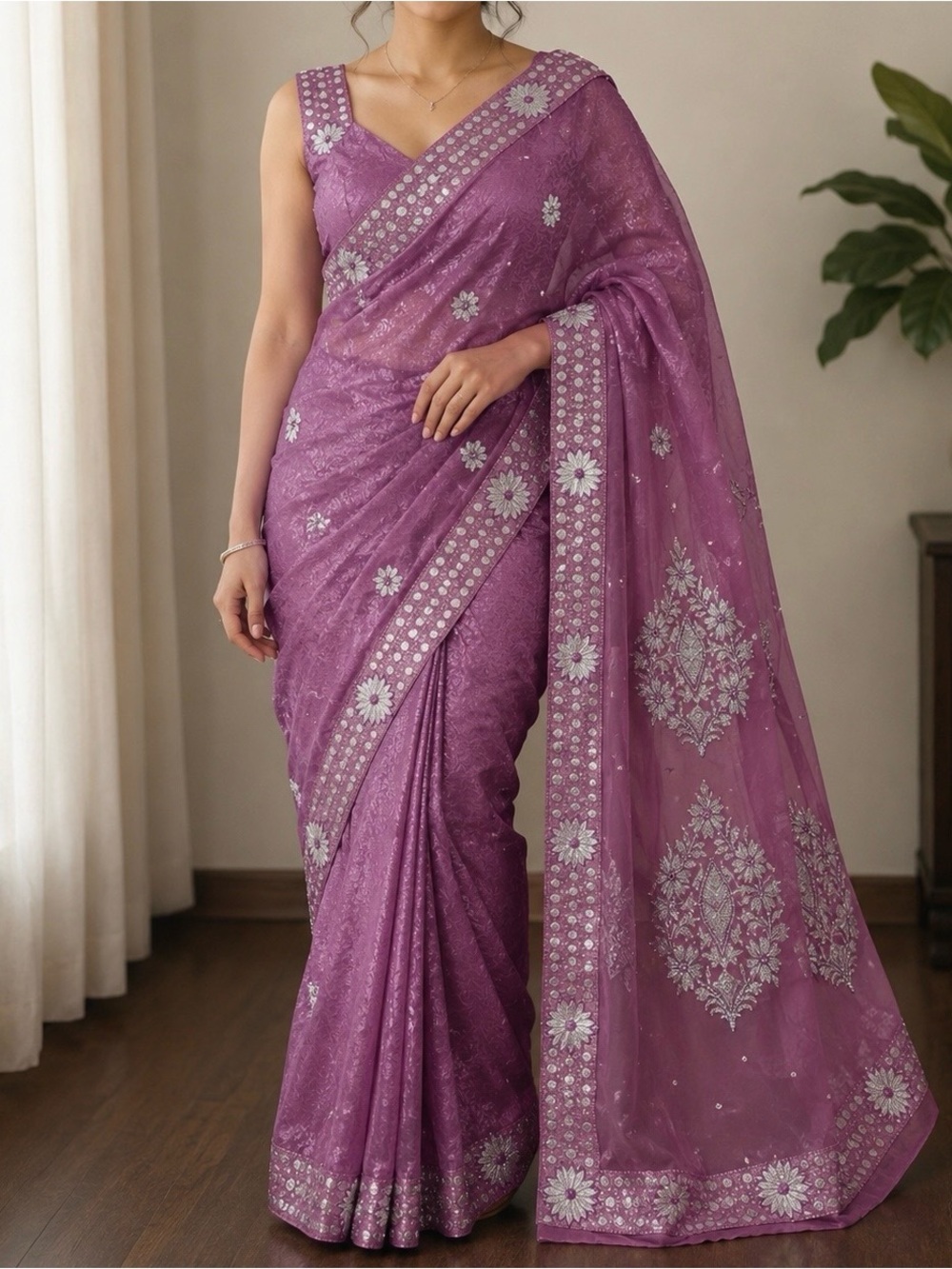 Elegant Pink and intricate silver Embroidered soft Women's Saree